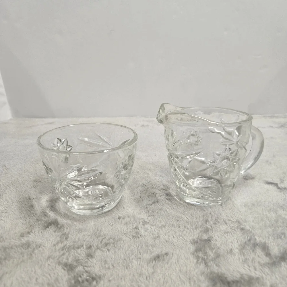 Vintage Clear Pressed Glass Creamer and Sugar Bowl Set Starburst Pattern